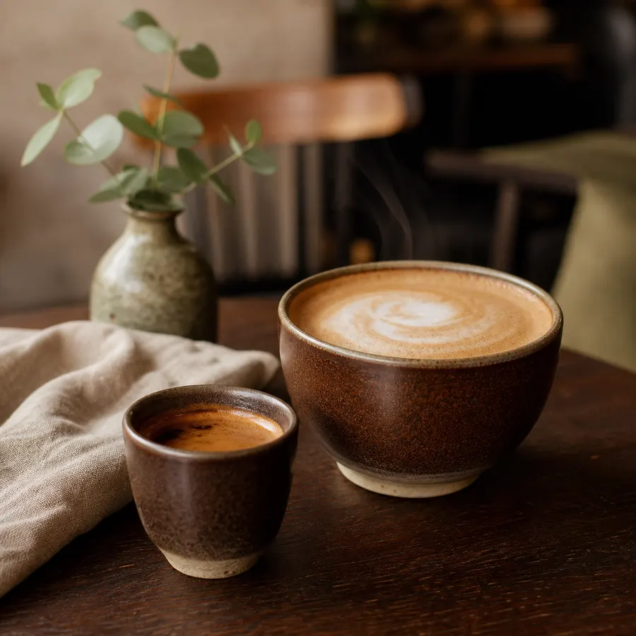 Cappuccino und Espresso auf einem warmen Holztisch